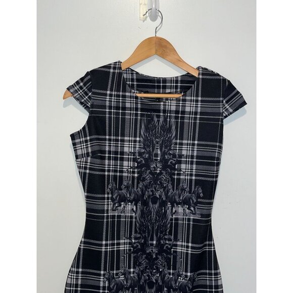 Philipp Plein Black & White Plaid Cap Sleeve Bodycon Graphic Women's Dress Size - Picture 3 of 11